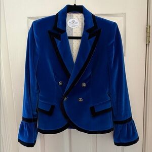 The Extreme Collection British Chic Blue Velvet Double-Breasted Blazer Jacket.